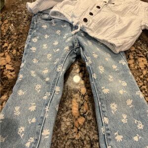 Floral Print Blue Jeans with White Top